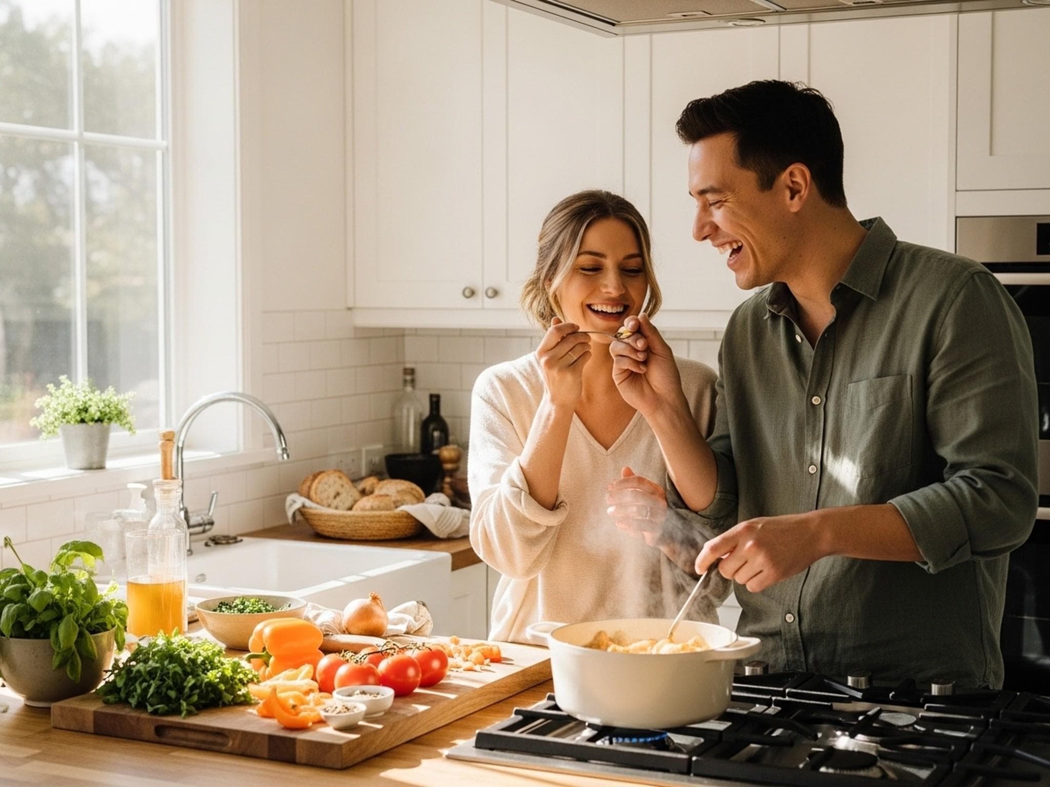 Family cooking together in a bright, airy kitchen