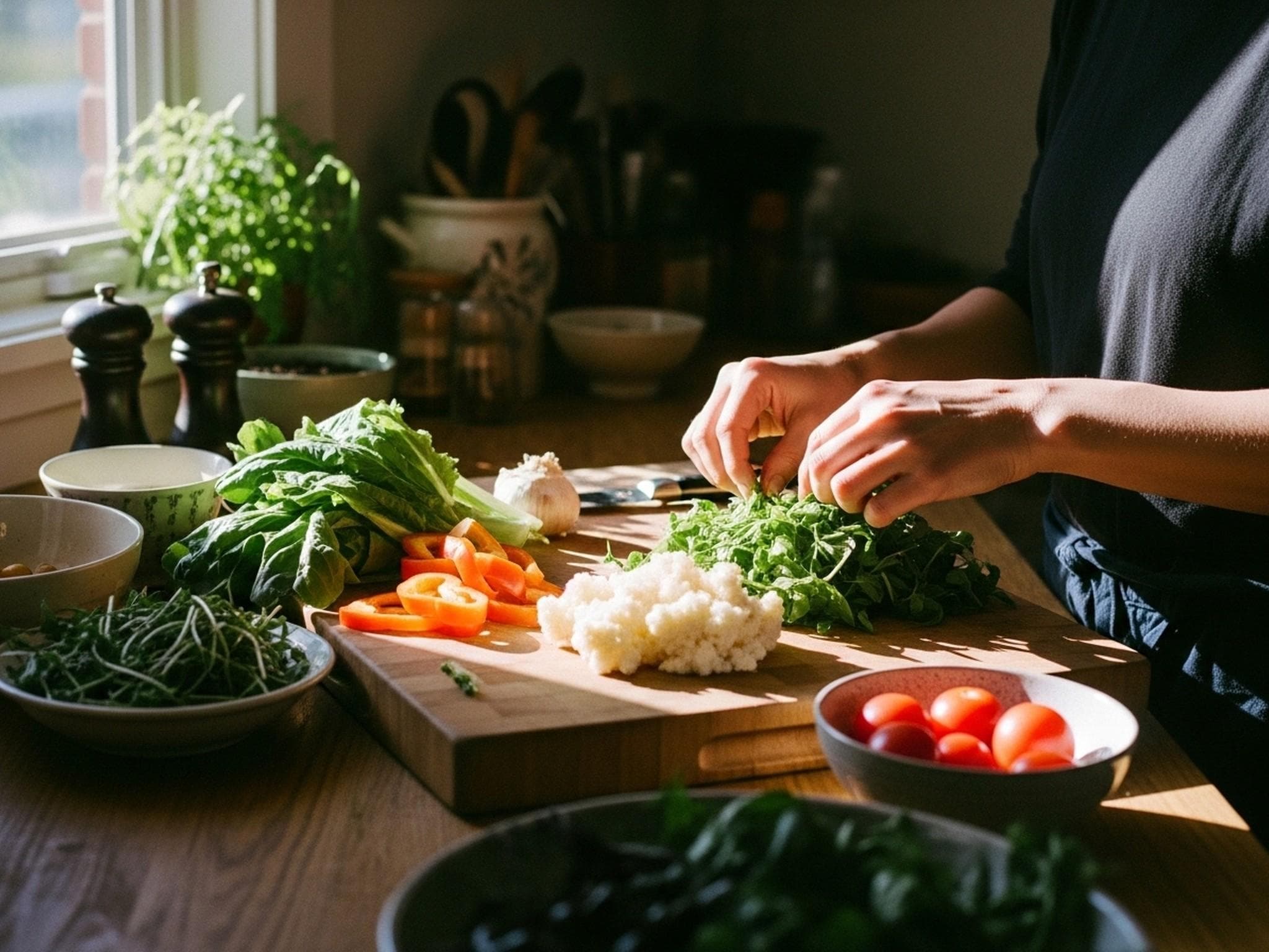 Fresh ingredients being prepared on a wooden surface in warm natural light